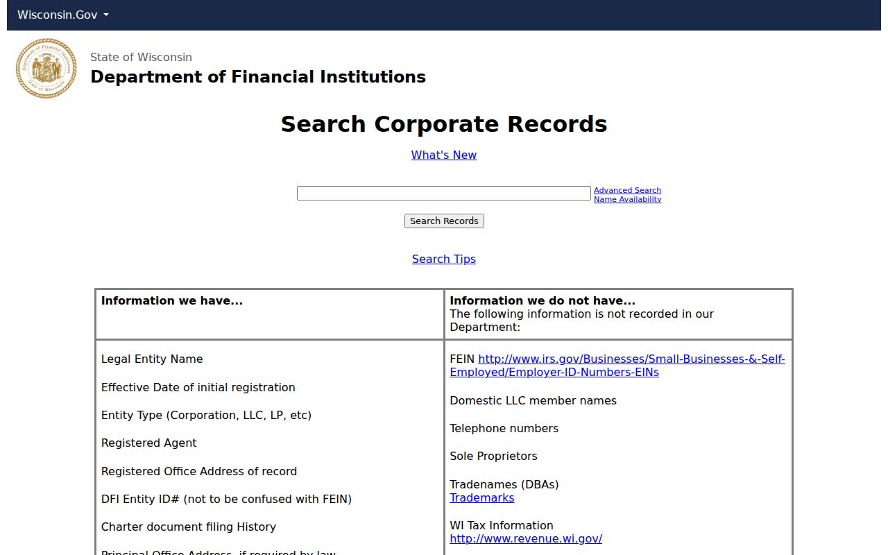 Wisconsin corporate records search used to confirm an Eau Claire public business affiliation