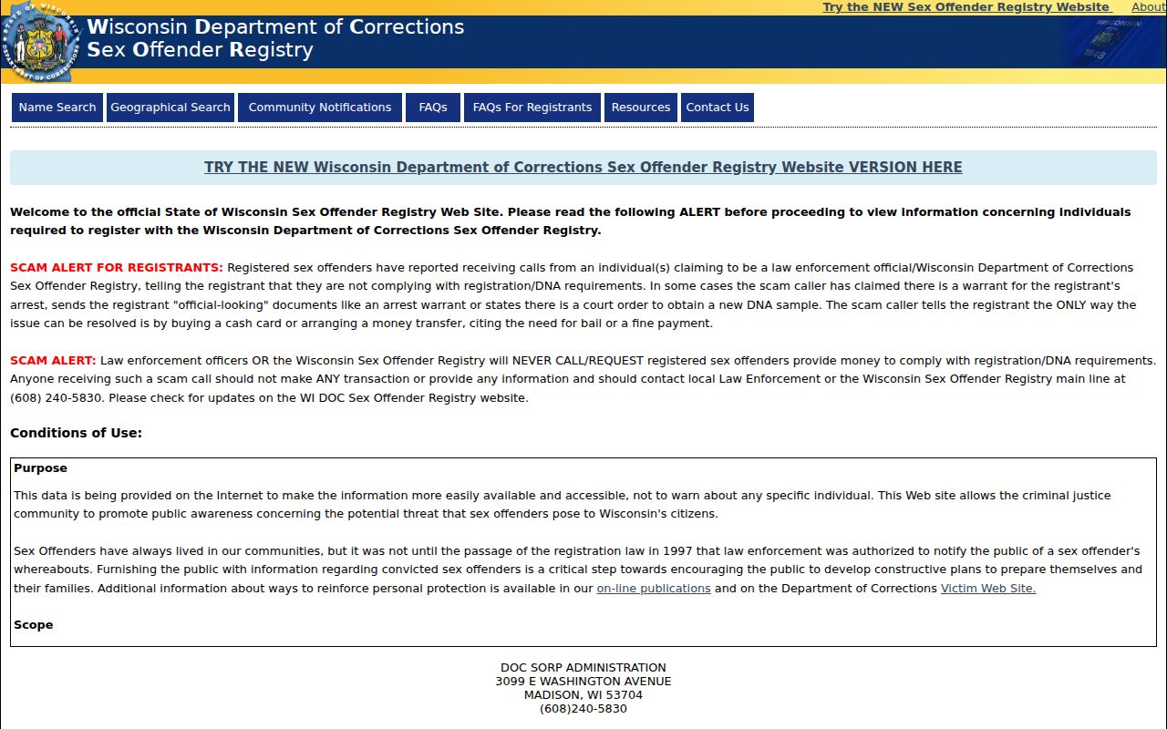 Wisconsin official registry search page with name and geographic options
